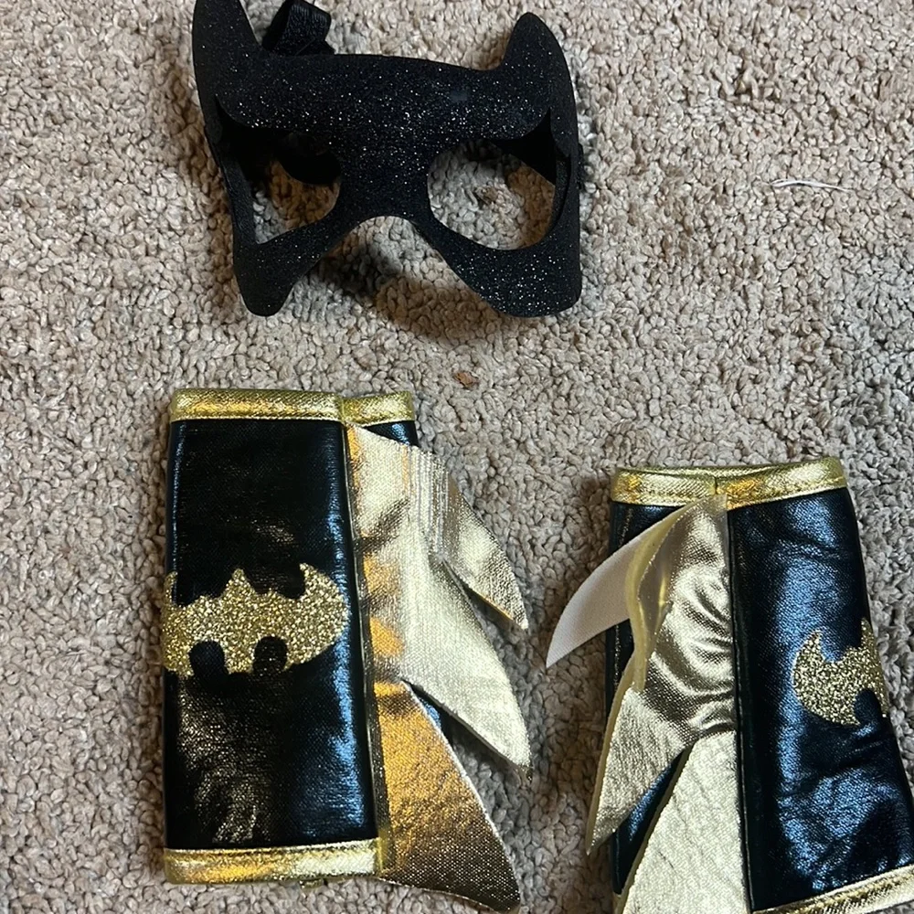 Bat Girl black and gold Halloween costume. Comes with mask, arm pieces and belt.